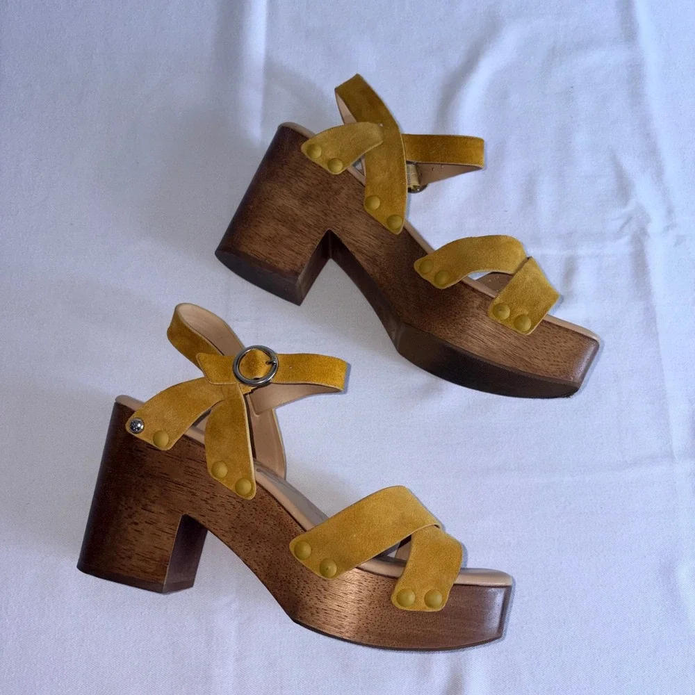 Sam Edelman Josephine platform Sandals 8.5 Mustard Yellow Suede Wood Block Heel